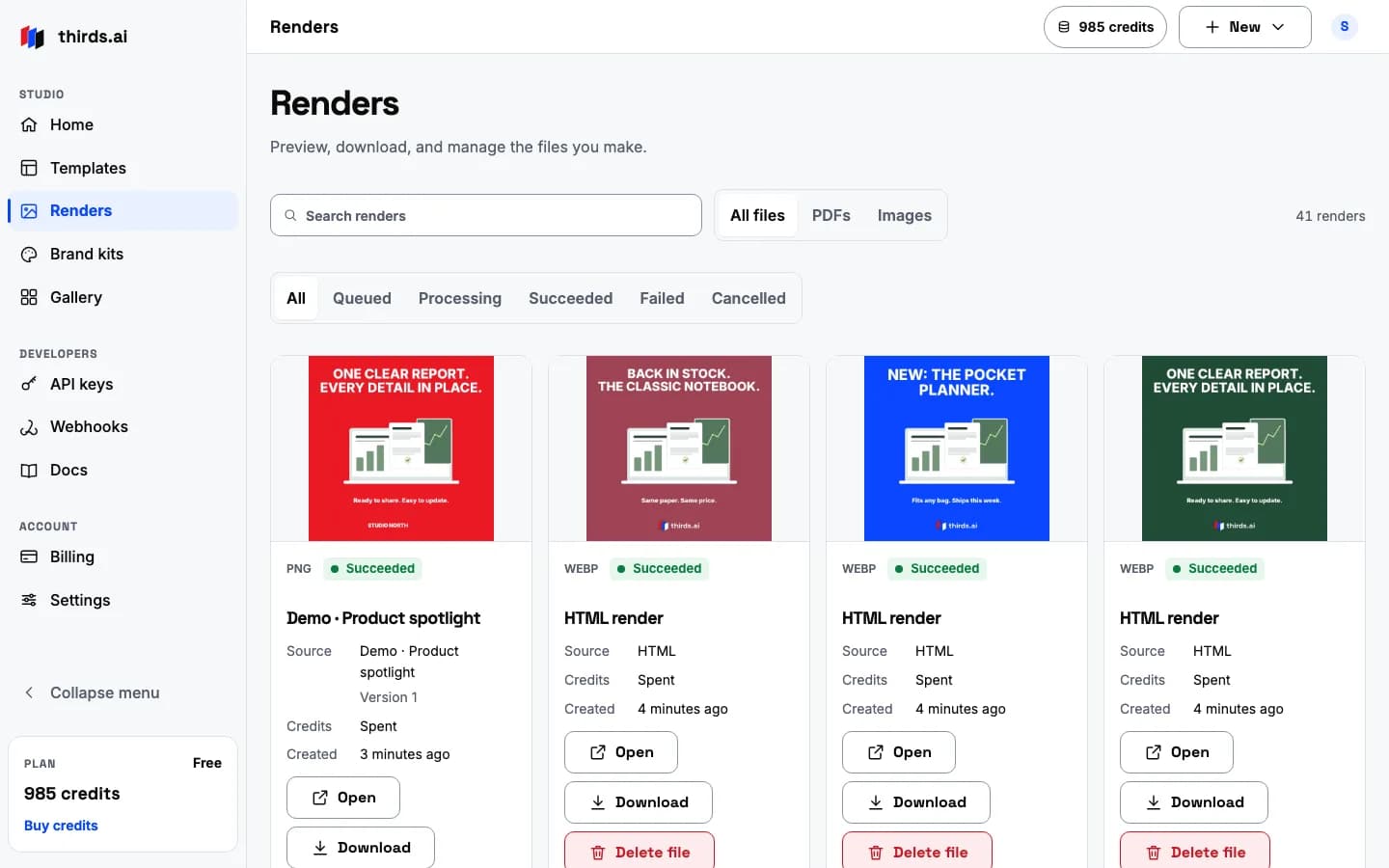 The Renders list with four finished image files ready to download