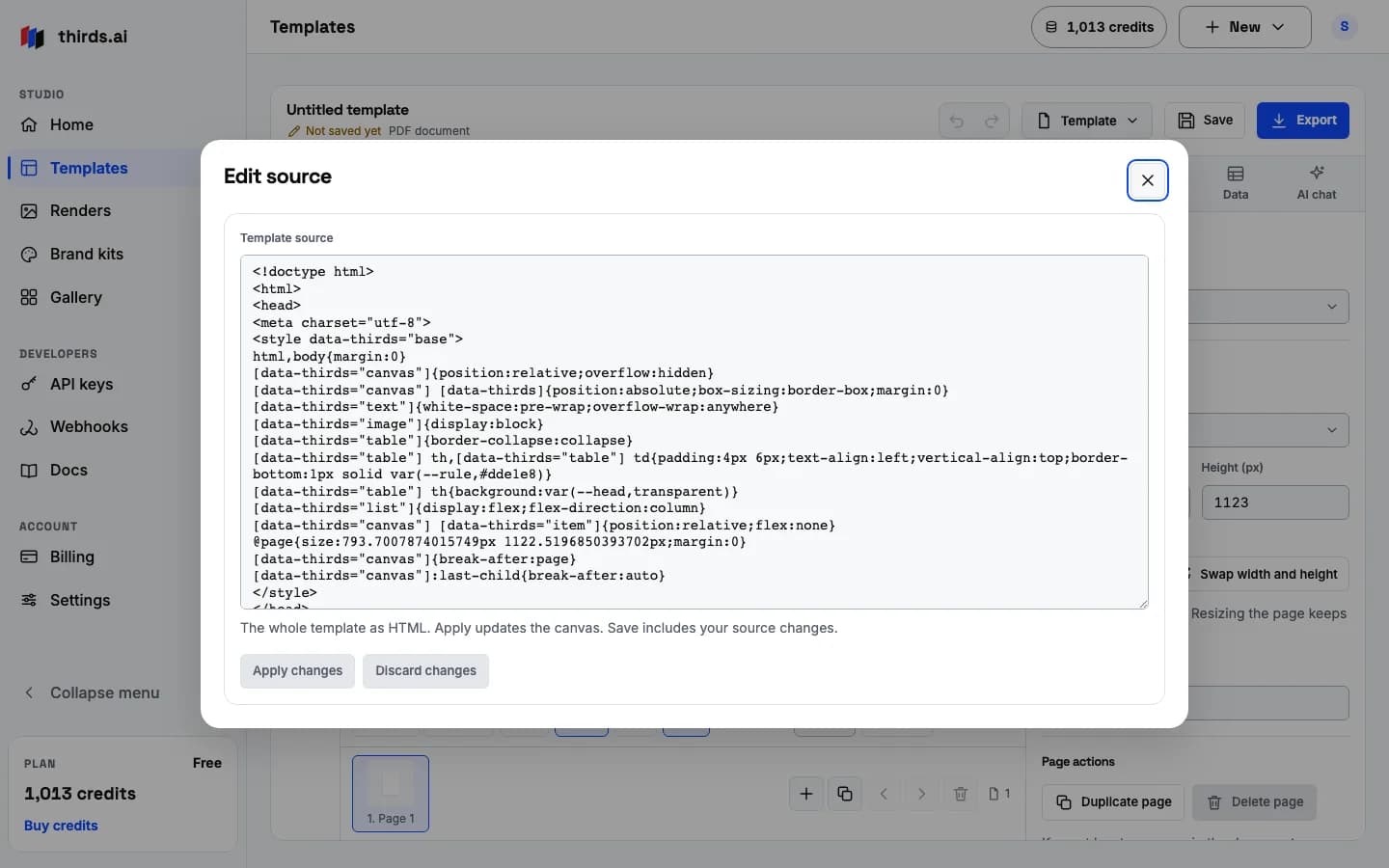 The editor's source dialog with pasted HTML ready to become a template