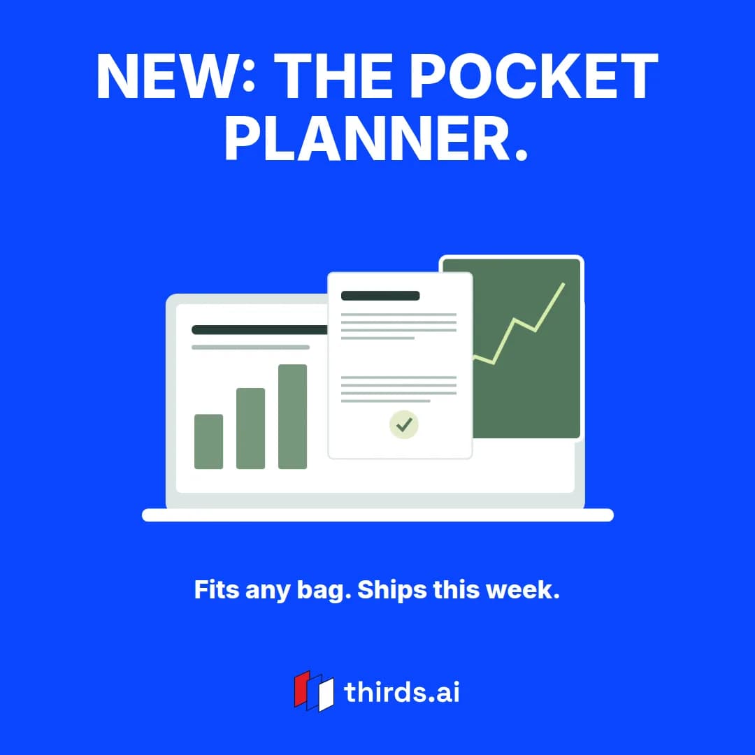 The same product spotlight layout in blue that says New: the pocket planner