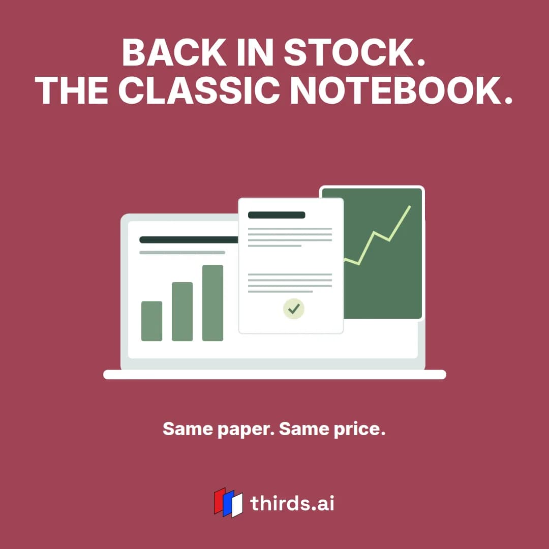 The same product spotlight layout in red that says Back in stock, the classic notebook